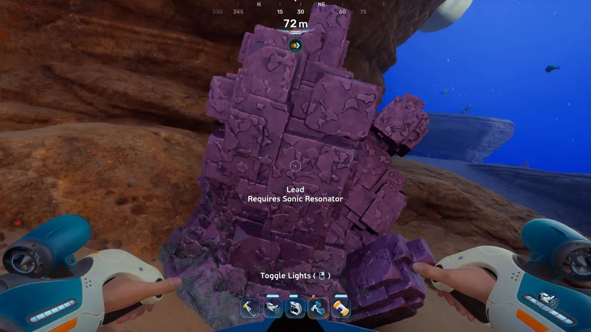In-game Subnautica 2 screenshot showing a Lead node attached to a rocky wall with the Requires Sonic Resonator prompt visible.