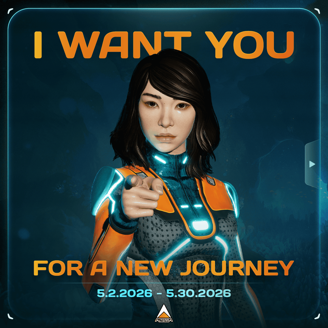 Official Subnautica 2 Alterra event artwork tied to community unlock rewards including the Lost River Poster blueprint.