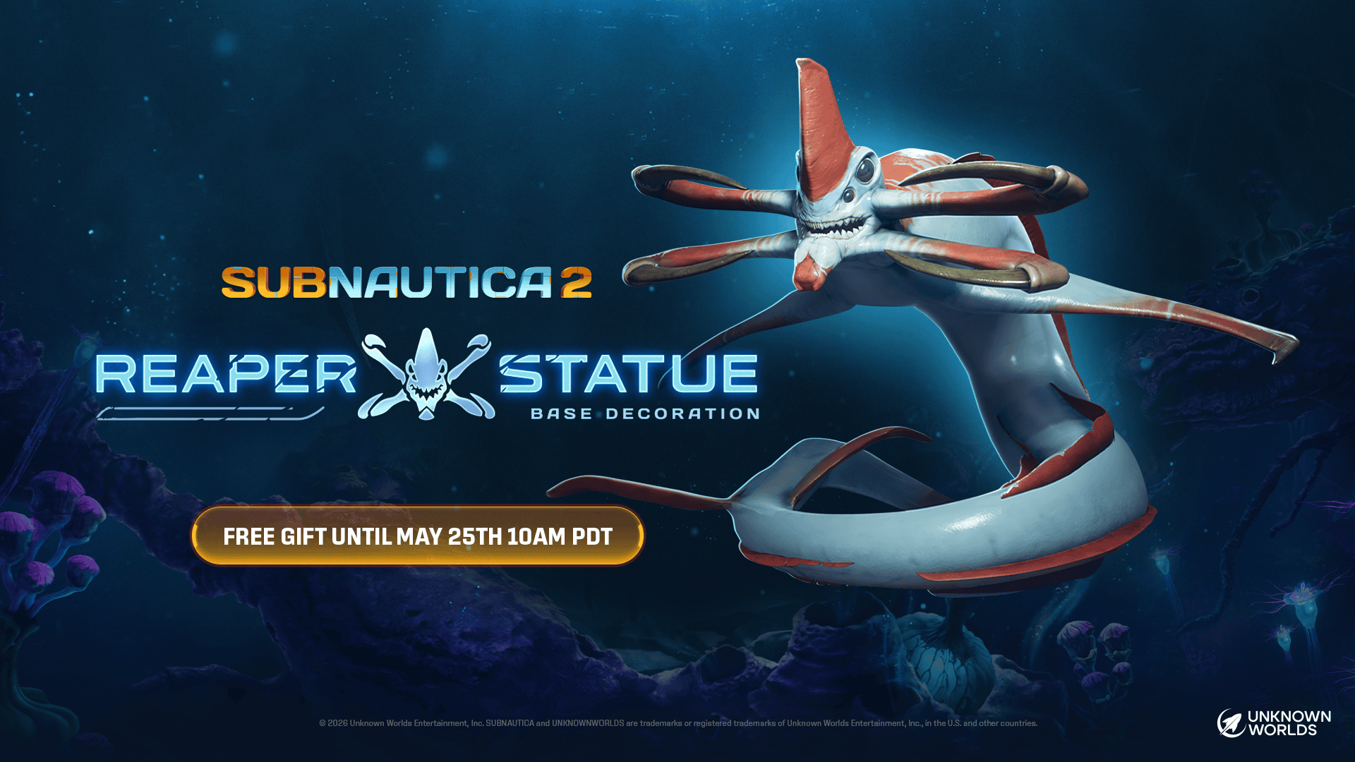Official Subnautica 2 launch-week reward artwork featuring the Reaper Leviathan Statue blueprint.
