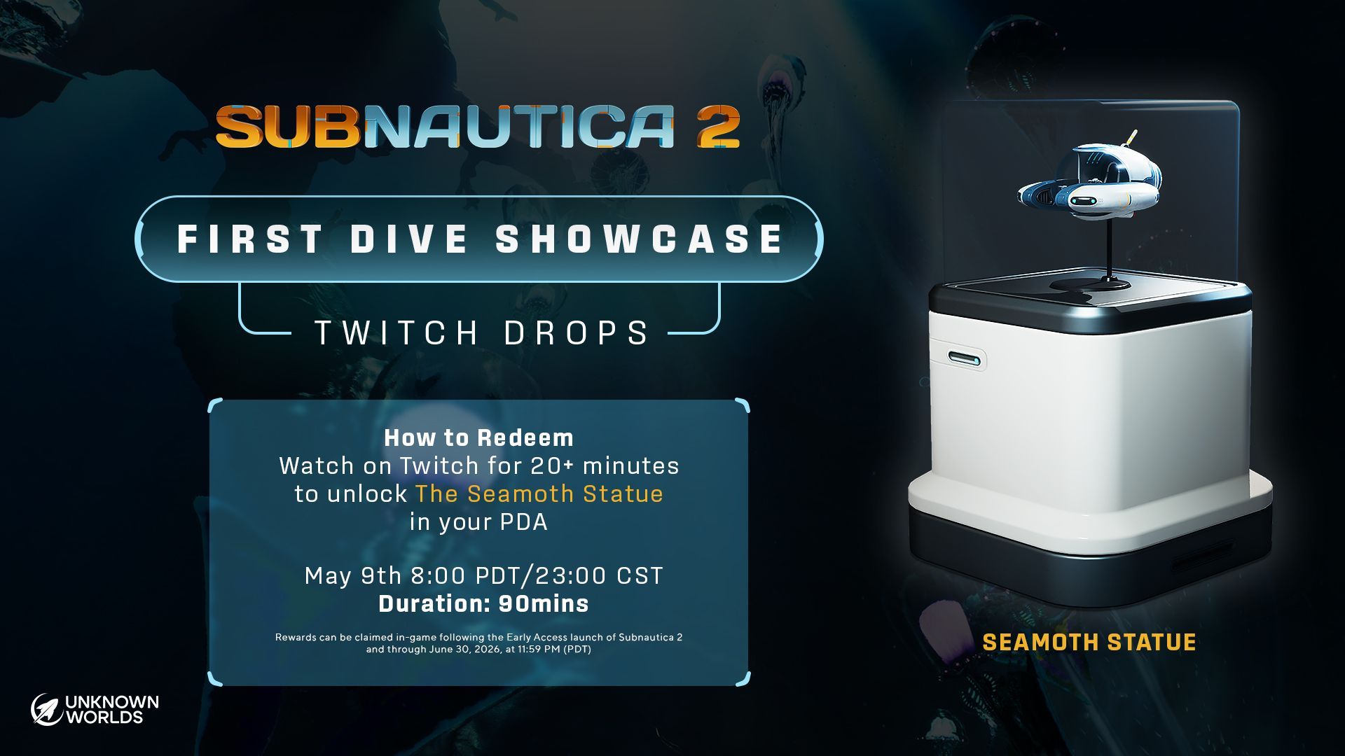 Official Subnautica 2 Twitch Drop artwork promoting the Seamoth Statue reward.