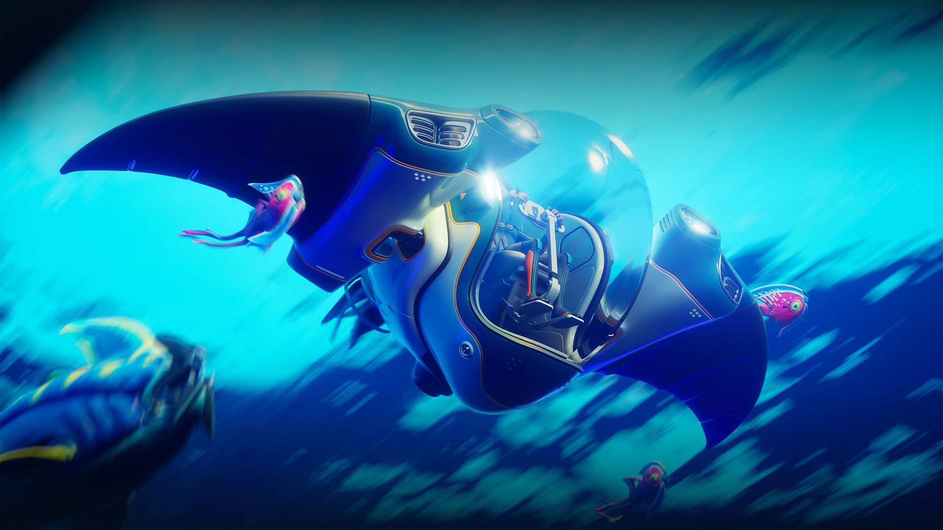 Official Subnautica 2 dev-vlog key art featuring the Tadpole submersible.